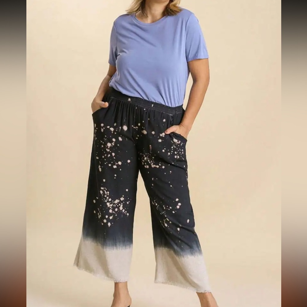 Umgee Linen Blend Black and Cream Wide-Leg Splash Dye Pants